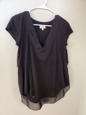 Anthropologie Deletta Black Short Sleeve V-Neck Blouse with Sheer Hem S Small